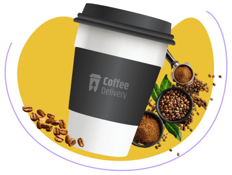 Um copo de café para viagem com um fundo amarelo e com grãos de cafés espalhados